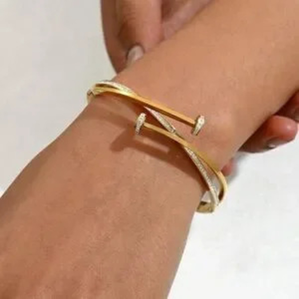 Gold Plated Stainless Steel CZ Screw Head Geometric Bracelet